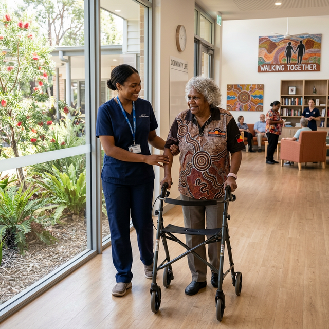 Support worker assisting indigenous Australian